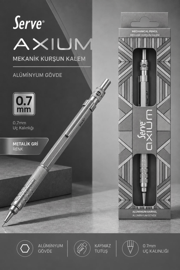 SERVE-3333 AXIUM METAL GÖVDE MEKANİK 1KURŞUN KALEM 07 MM GRİ