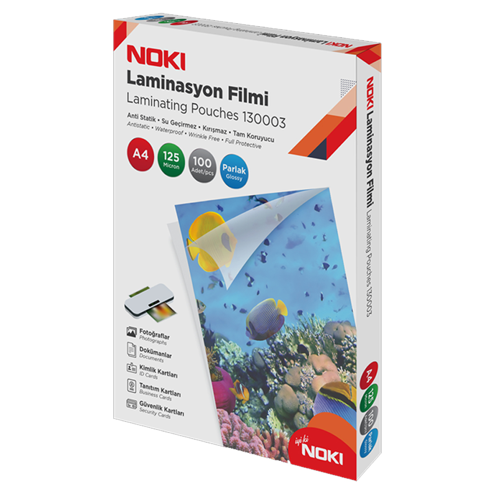 LAMİNASYON FİLMİ PARLAK 125 MİC A4 100 LÜ NOKİ - 130003