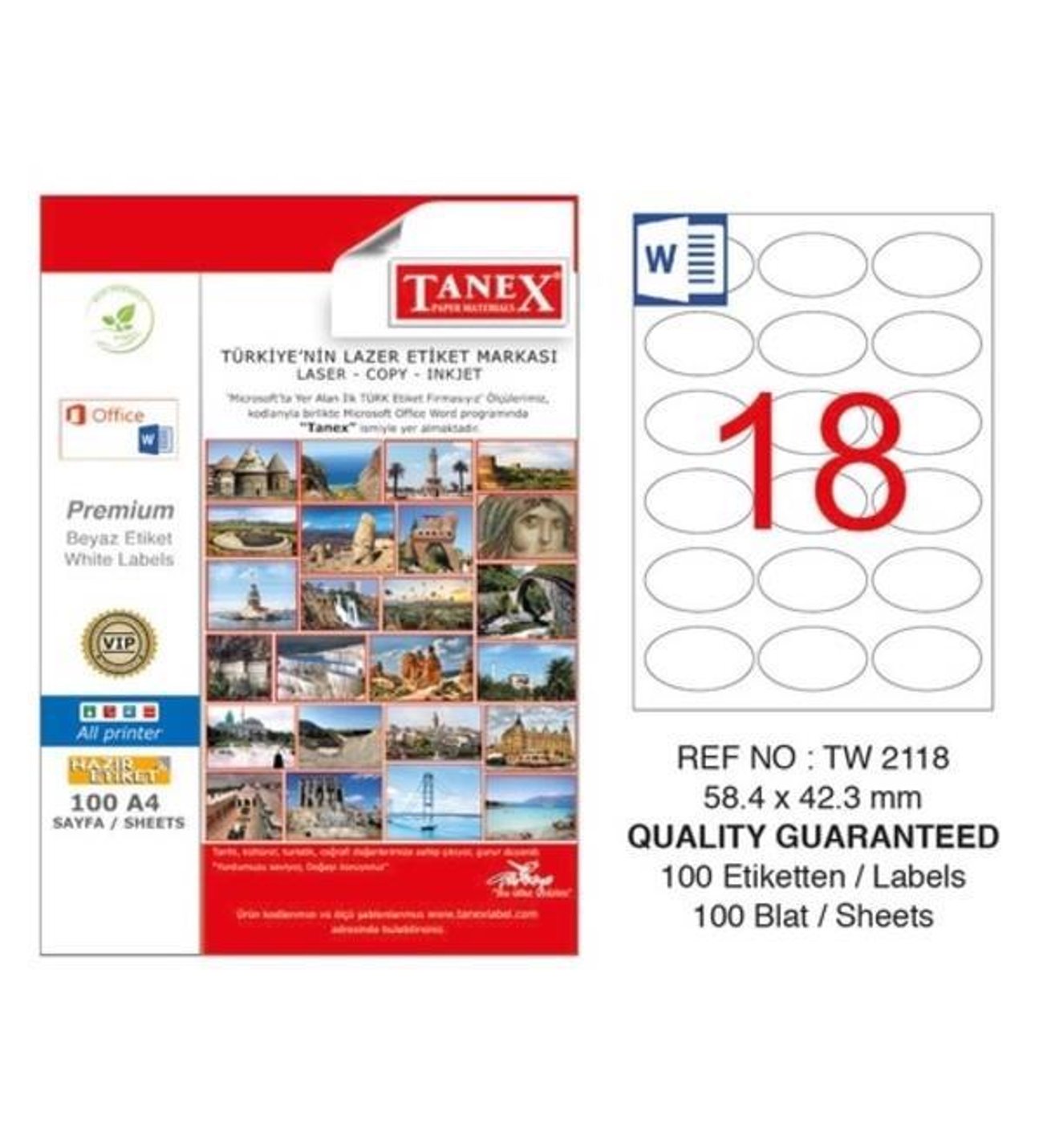 LAZER ETİKET 58,4X42,3 MM 100 LÜ PK TANEX-TW2118
